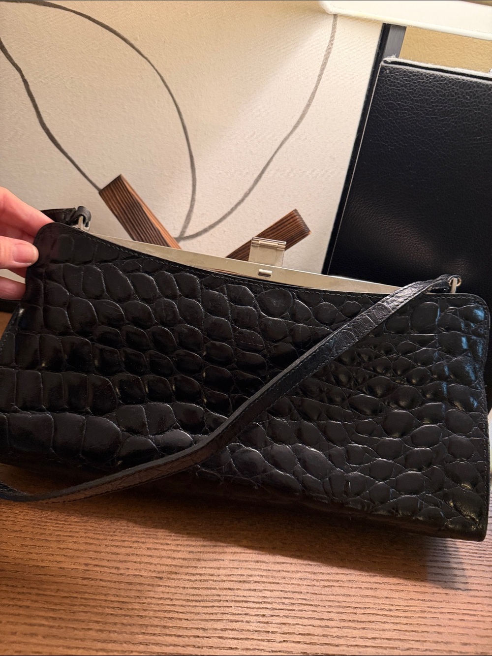 Vintage Furla Black Croc-Embossed Shoulder Bag